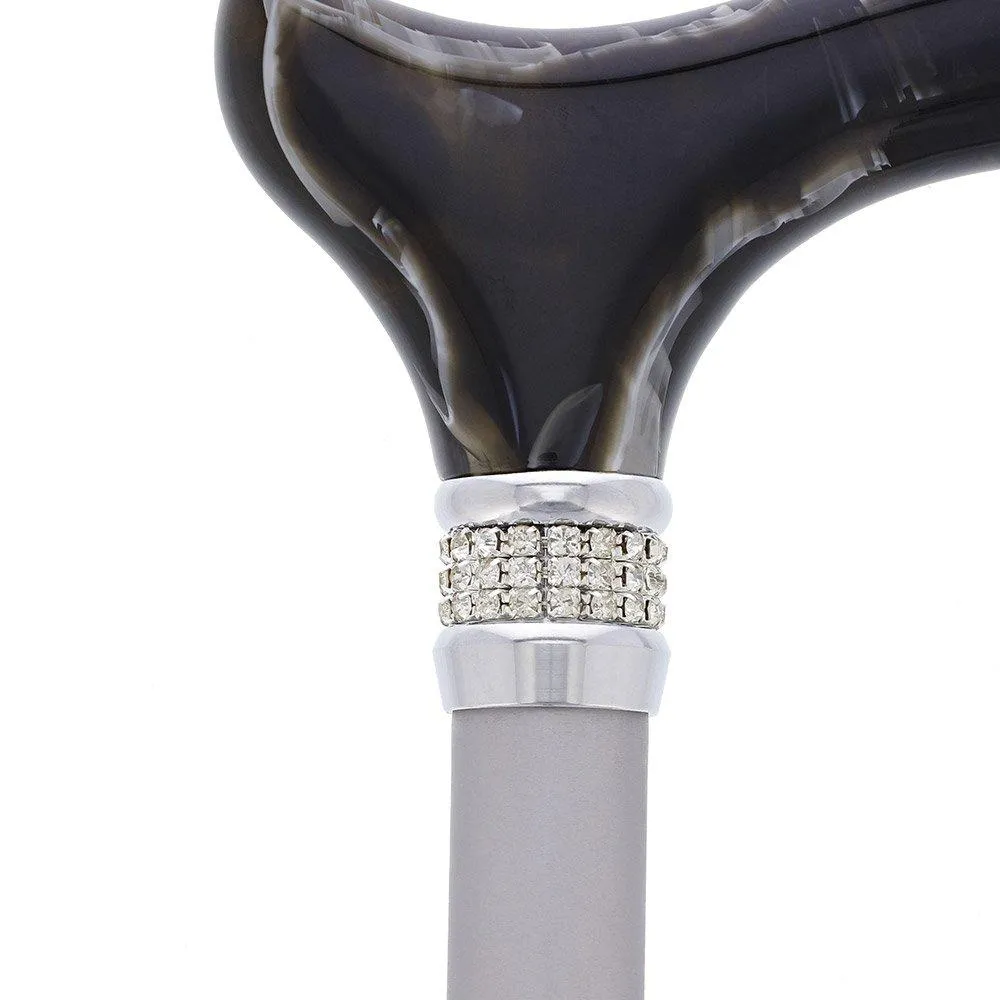 Scratch & Dent Black Marble Designer Derby Handle Walking Cane w/ Rhinestone Collar V1689