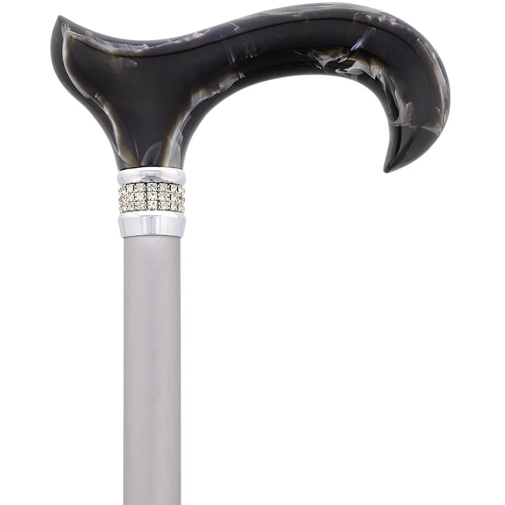 Scratch & Dent Black Marble Designer Derby Handle Walking Cane w/ Rhinestone Collar V1689