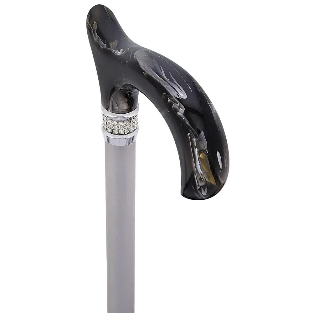 Scratch & Dent Black Marble Designer Derby Handle Walking Cane w/ Rhinestone Collar V1689