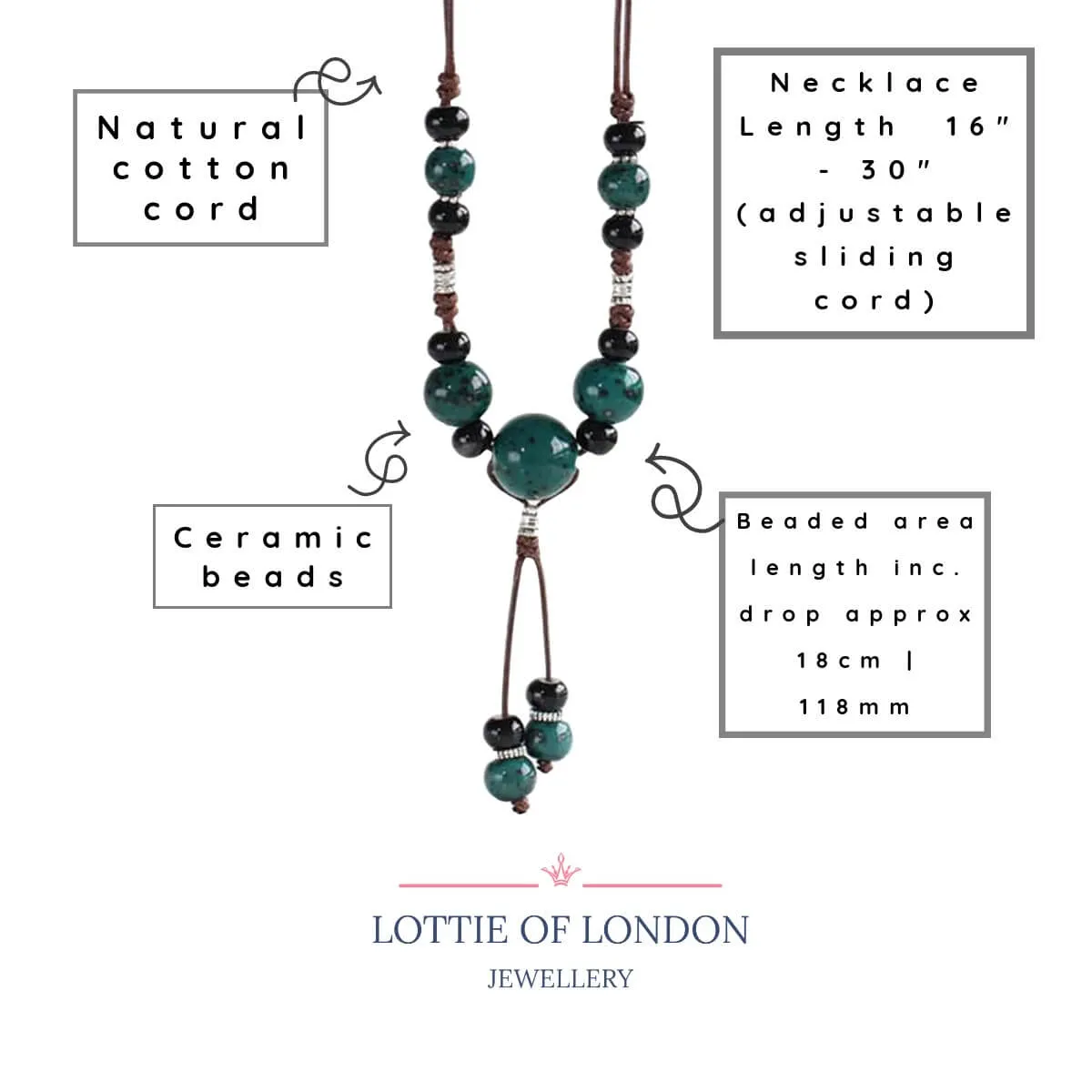 Teal Blue Ceramic Bead Necklace | Bohemian Jewellery